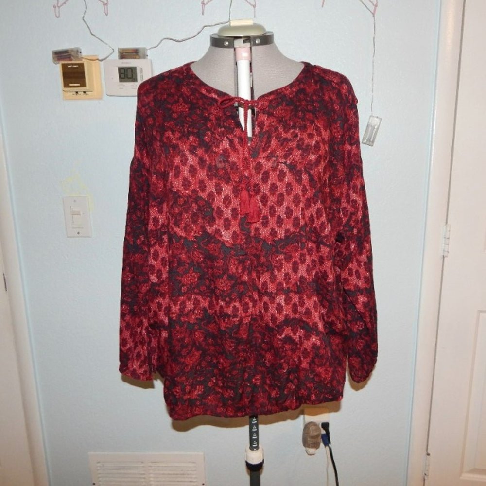 Lucky Brand Plus Size 3X Red Blouse Shirt Top Boho Keyhole Bohemian Peasant